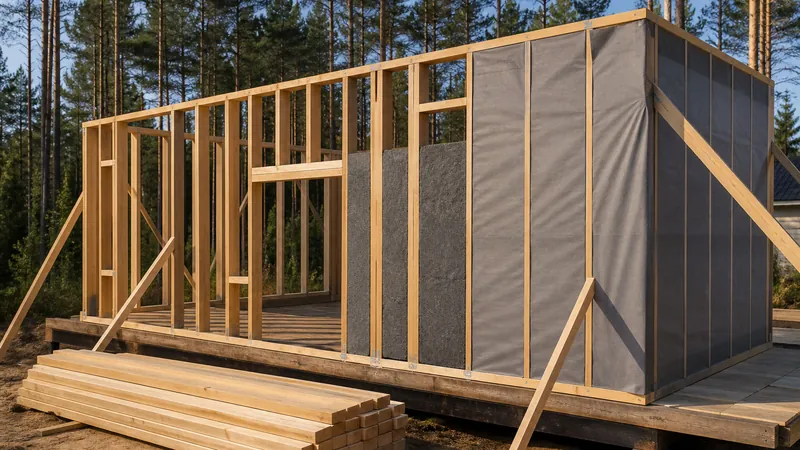 Каркас бани из бруса 150×50 с базальтовым утеплителем на стройплощадке